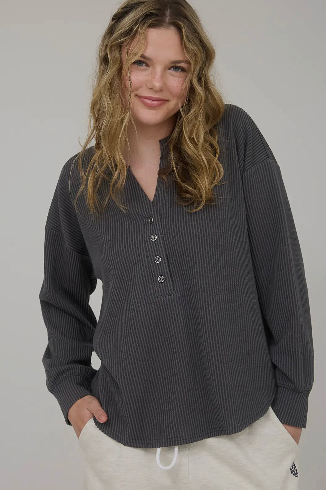 Charcoal Ribbed Mineral Washed Henley Top