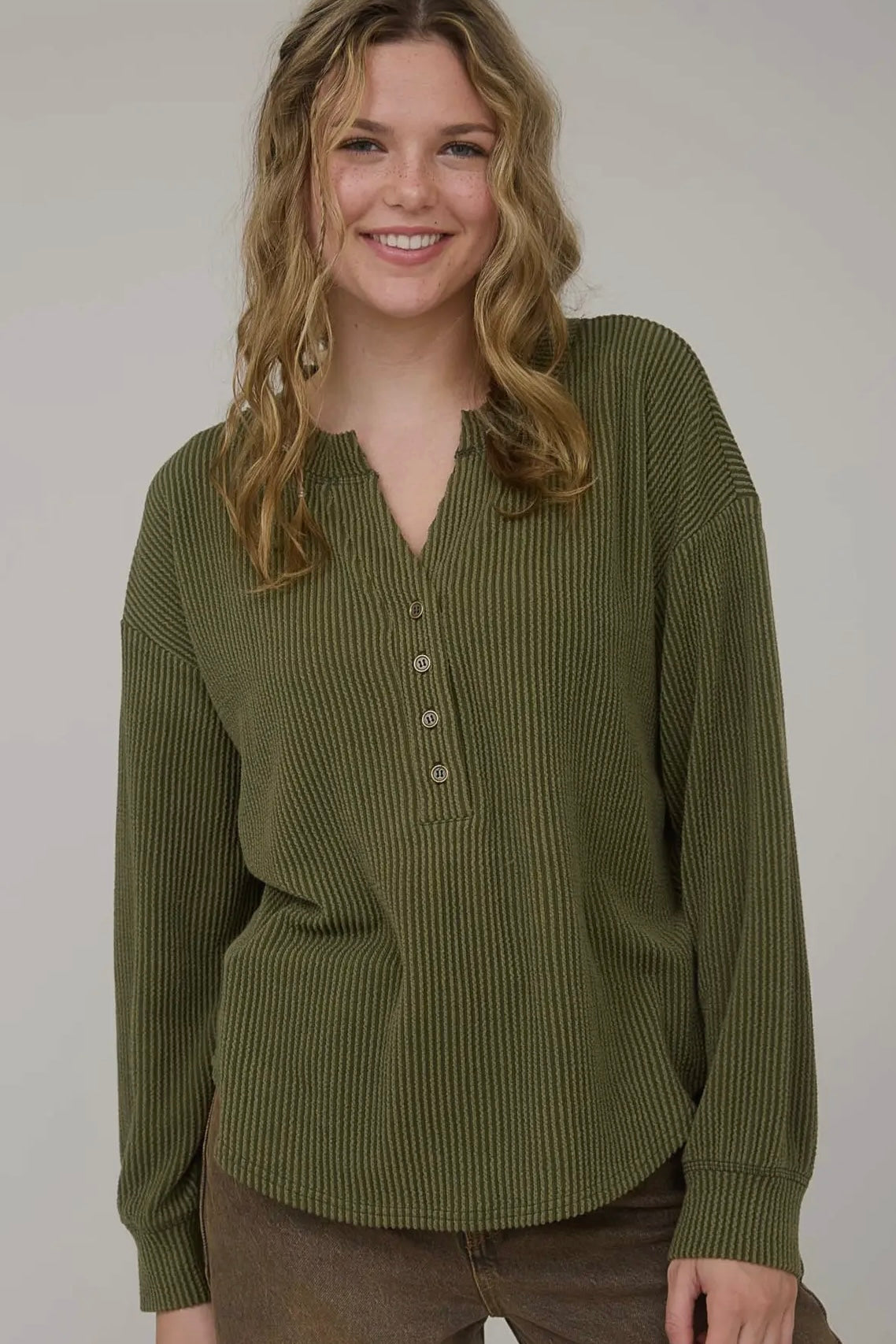 Olive Green Ribbed Mineral Washed Henley Top