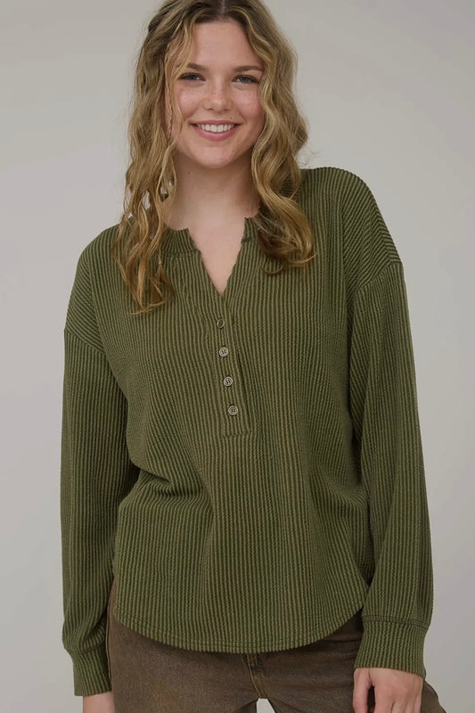 Olive Green Ribbed Mineral Washed Henley Top