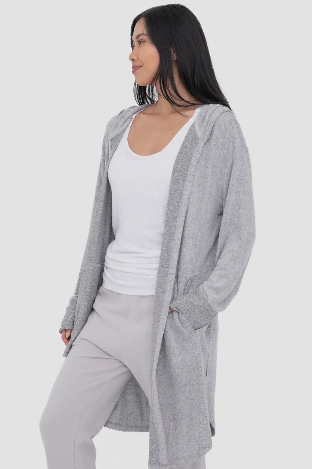 Heathered Charcoal Open Front Hooded Cardigan with Pockets