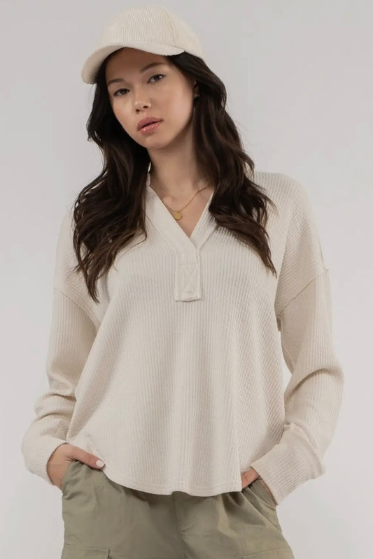 Collared V Neck Long Sleeve Top with Exposed Seam Detail