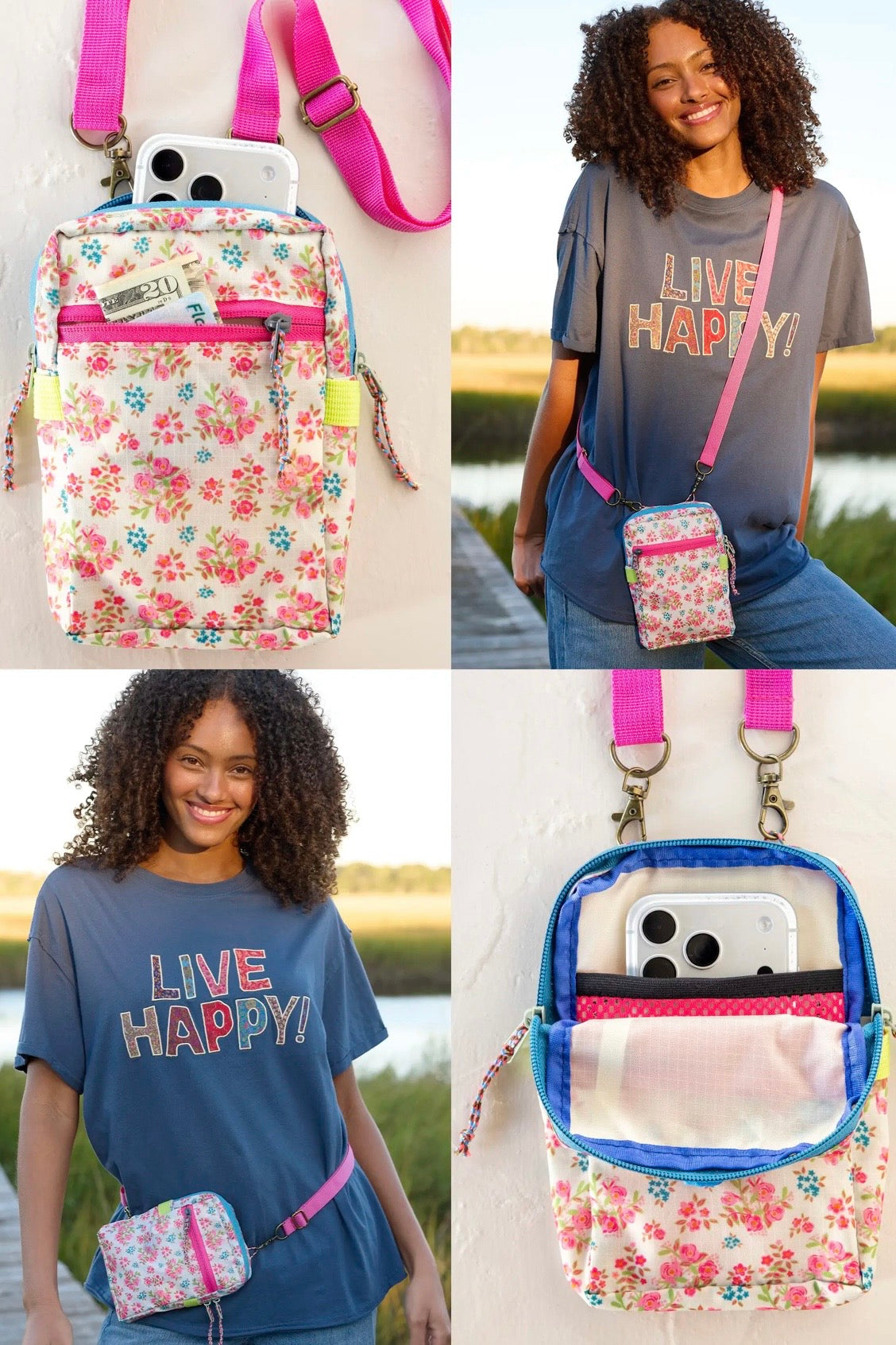 Natural Life 8-in-1 Pocket Crossbody- Pink Bouquet Floral Blooms