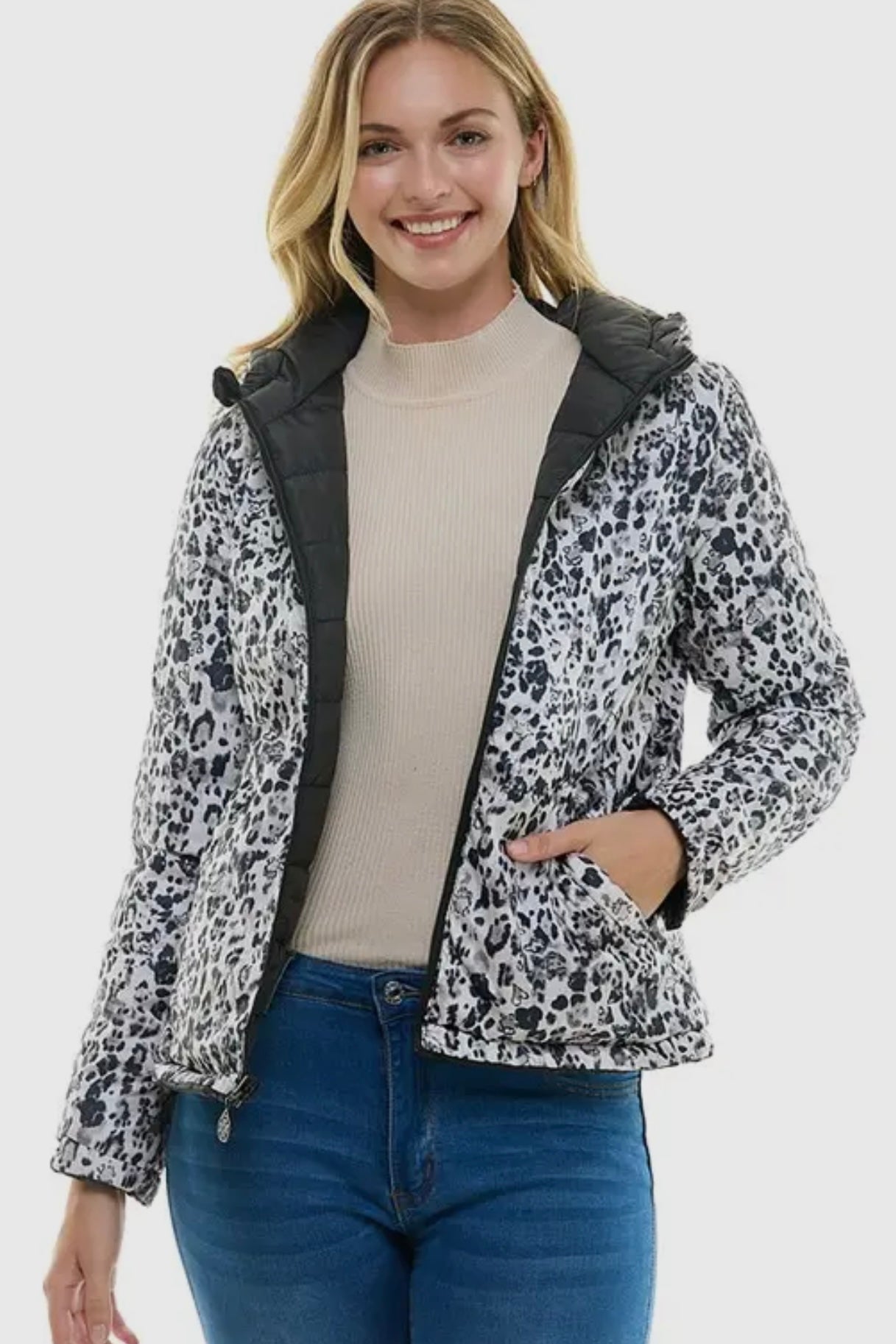 Reversible Puffer Jacket- Black with Animal Print