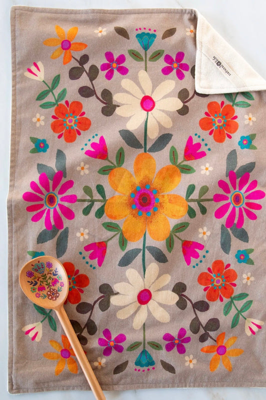 Natural Life Cotton Dish Towel- Taupe Folk Flowers