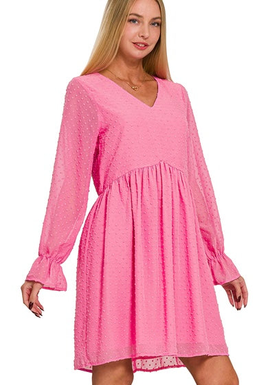 Bubblegum Pink Chiffon Dress with Long Sheer Sleeves