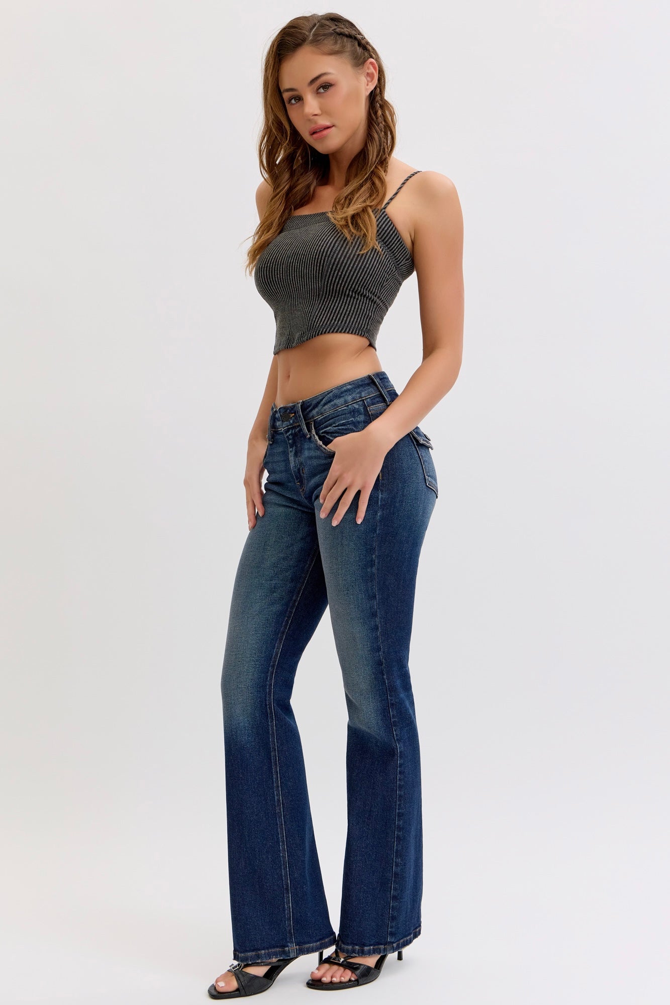 Cello Mid Rise Dark Wash Bootcut Jeans with Button Flap Back Pockets