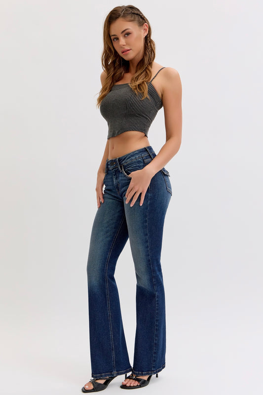 Cello Mid Rise Dark Wash Bootcut Jeans with Button Flap Back Pockets