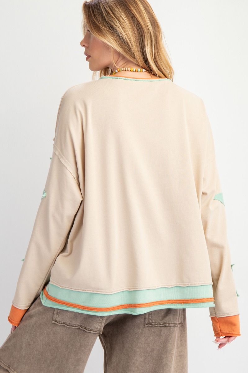 Easel Taupe Star Patch Long Sleeve Top