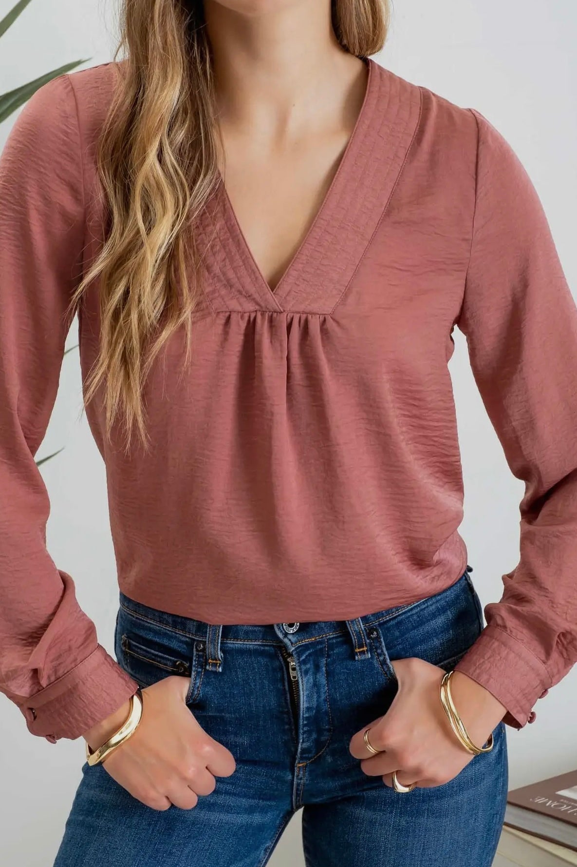 Mauve Textured Satin V Neck Long Sleeve Top