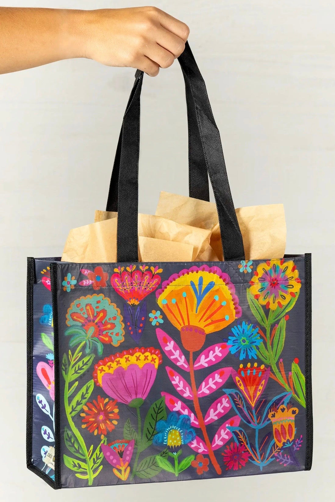 Natural Life Large Happy Bag- Navy Folk Flowers