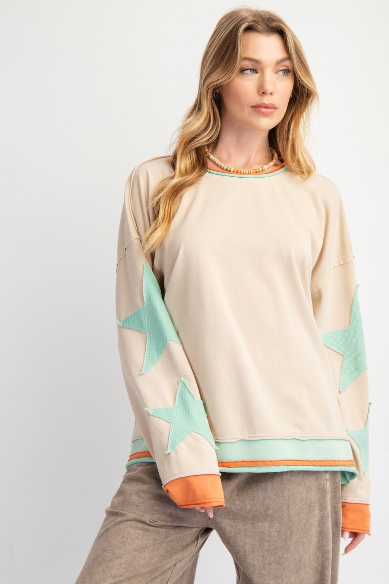 Easel Taupe Star Patch Long Sleeve Top