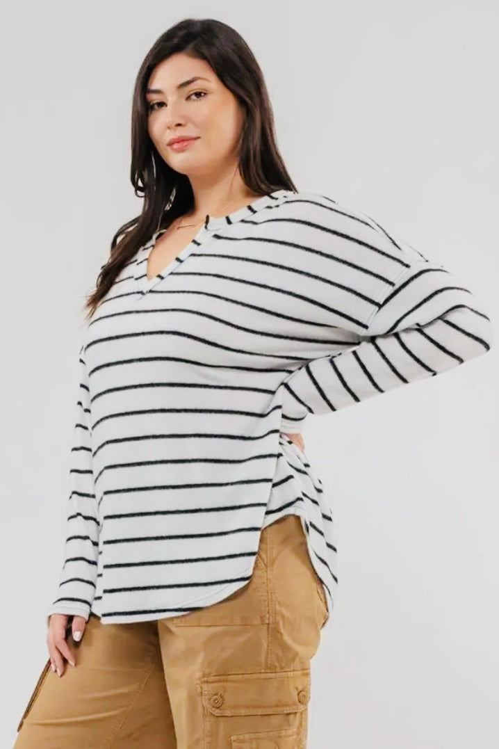 Perch Plus Long Sleeve Ivory Top with Black Stripes