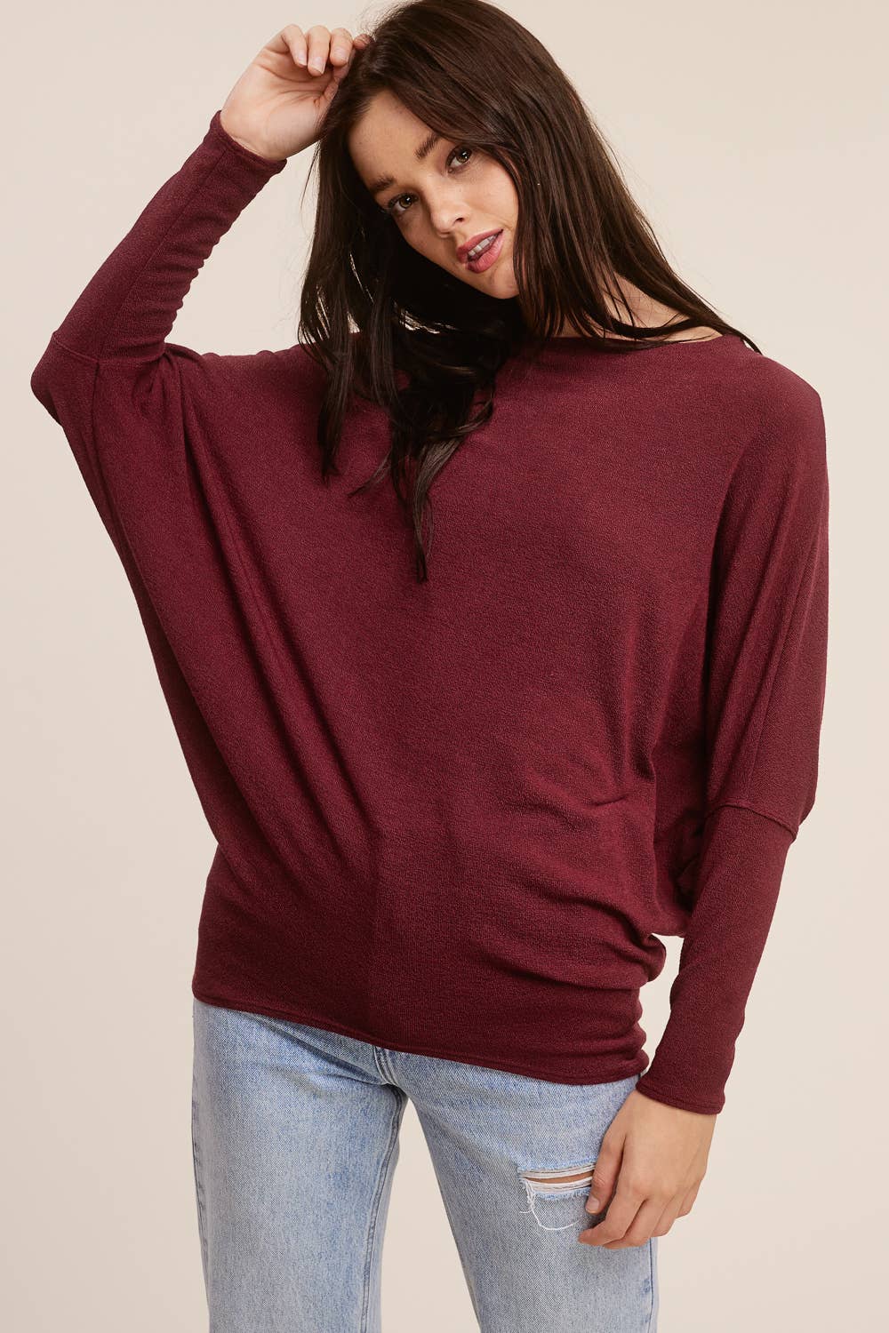 Charlotte Avery Burgundy Long Sleeve Crepe Hacci Oversized Dolman Top