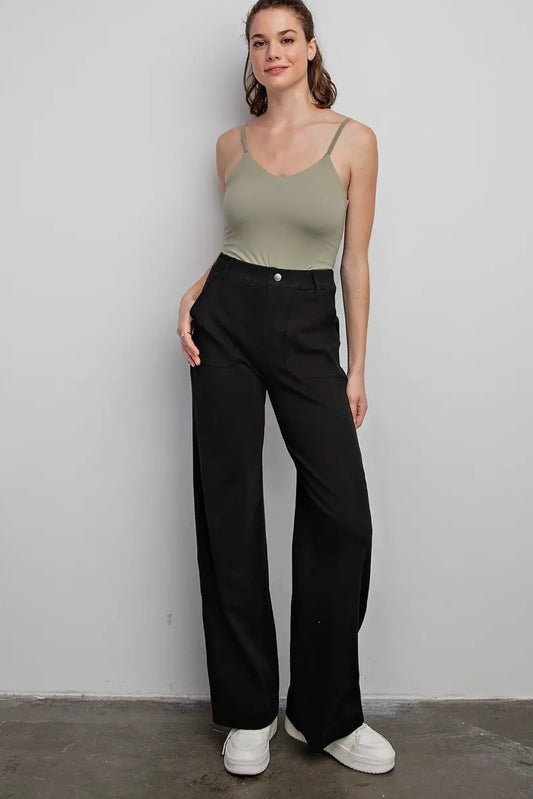 Black Cotton Stretch Twill Wide Leg Pants