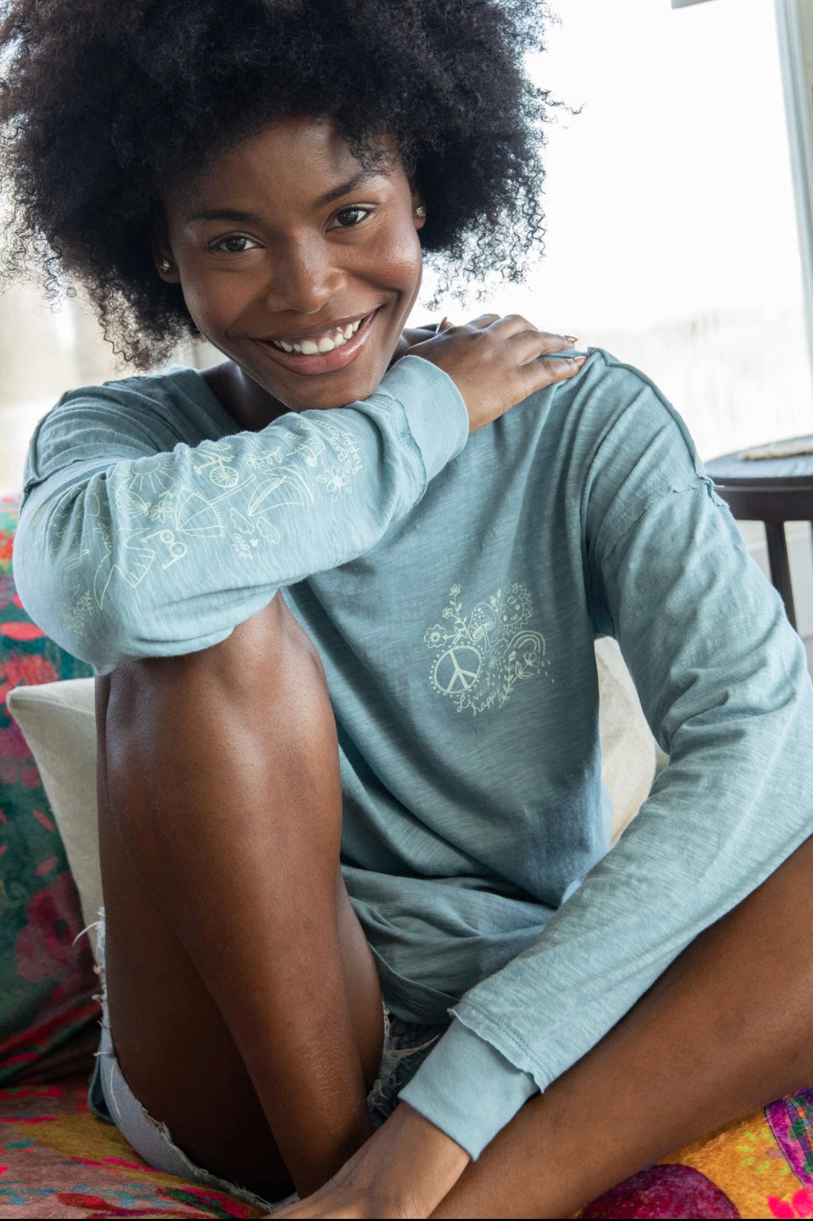 Natural Life Long Sleeve Cotton Doodle Tee - Light Blue