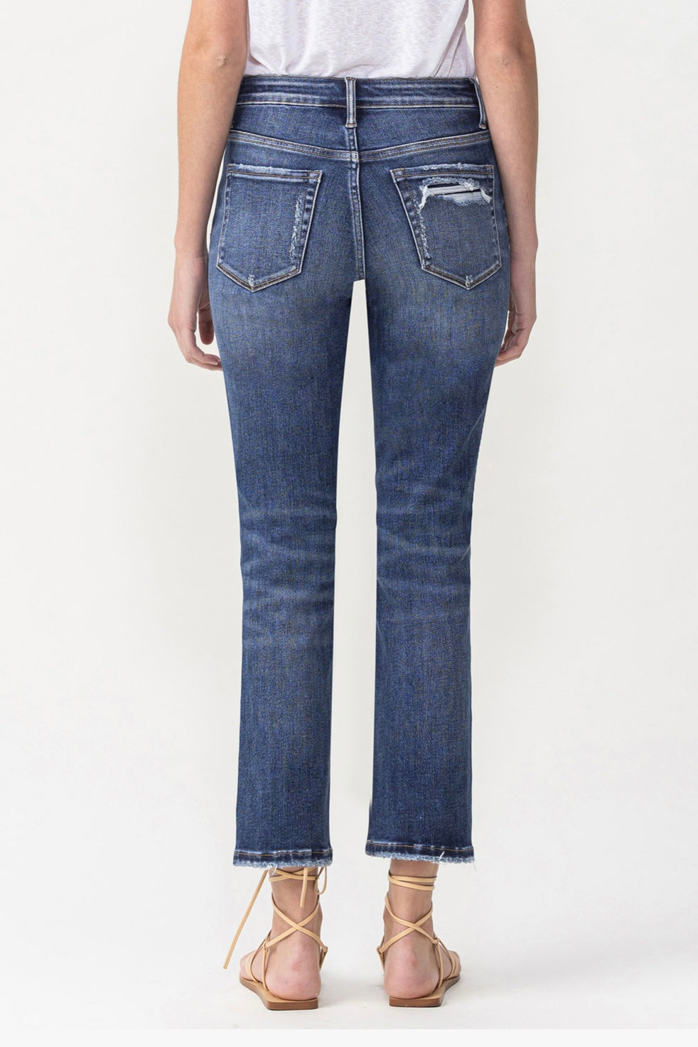 Vintage High Rise Stretch Crop Straight Jean with Distressed Knees LV1030