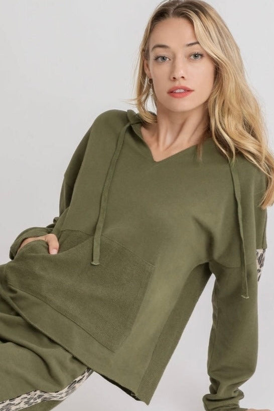 $15 SALE! Umgee French Terry Hoodie Top with Sequined Cheetah Sleeves in Olive