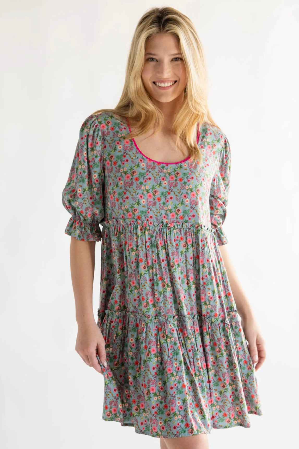 Natural Life Collette Short Dress Blue Pink Floral