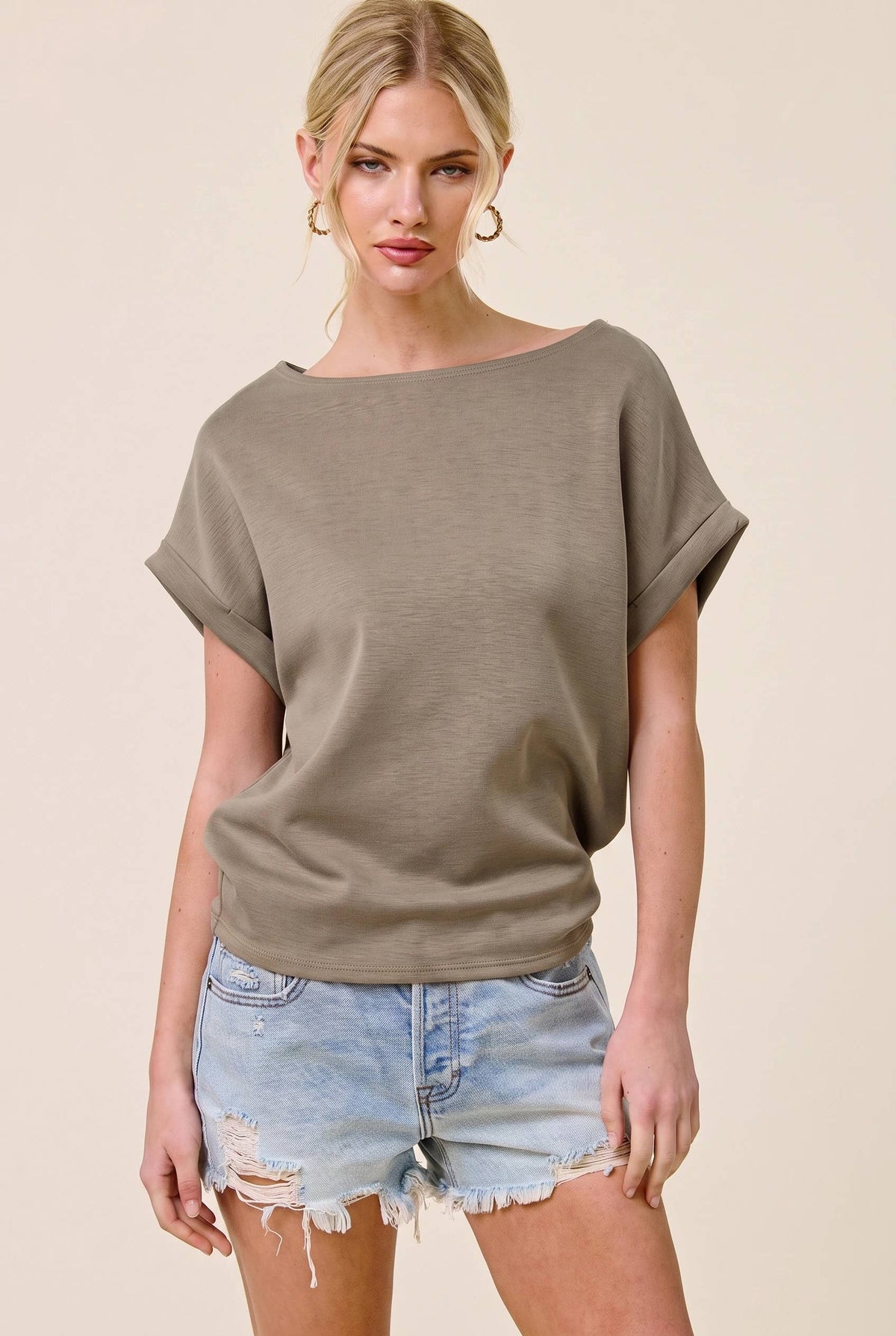 Charlotte Avery Olive Green Cuff Sleeve Dolman Scuba Top