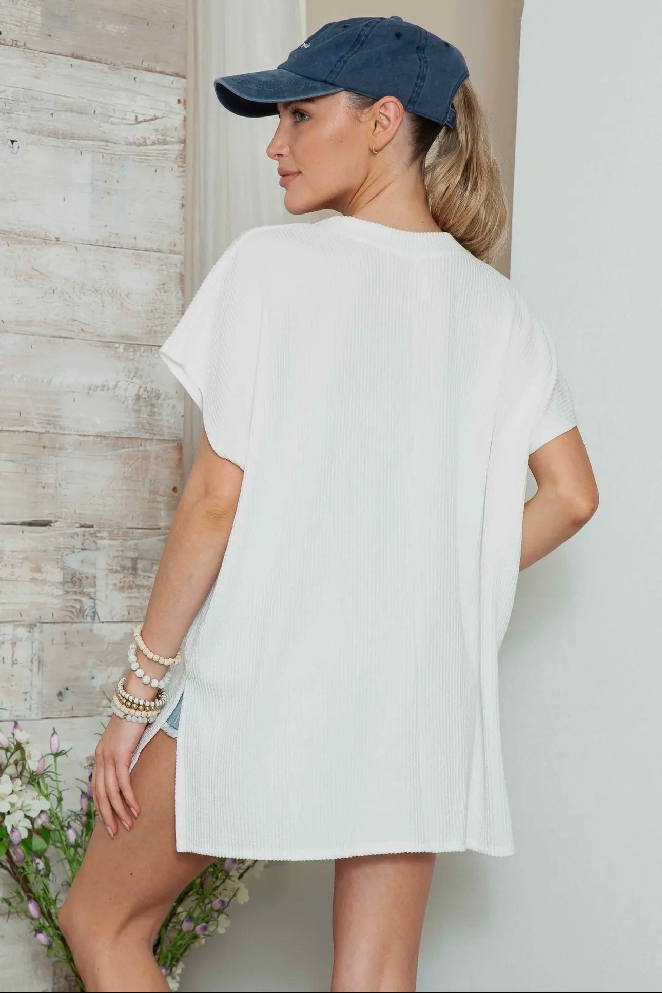 White Ribbed Mineral Washed Oversized Stretchy Top with Side Slits