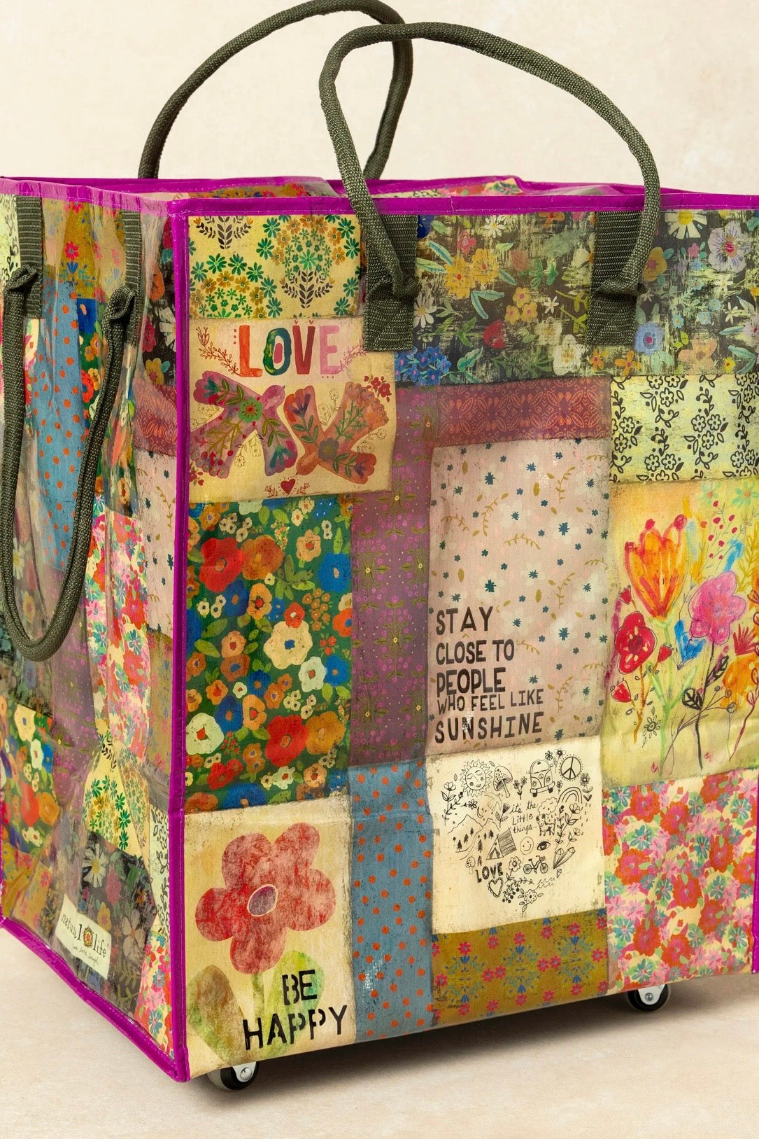 Natural Life XL Rolling Tote Bag - Patchwork Be Happy