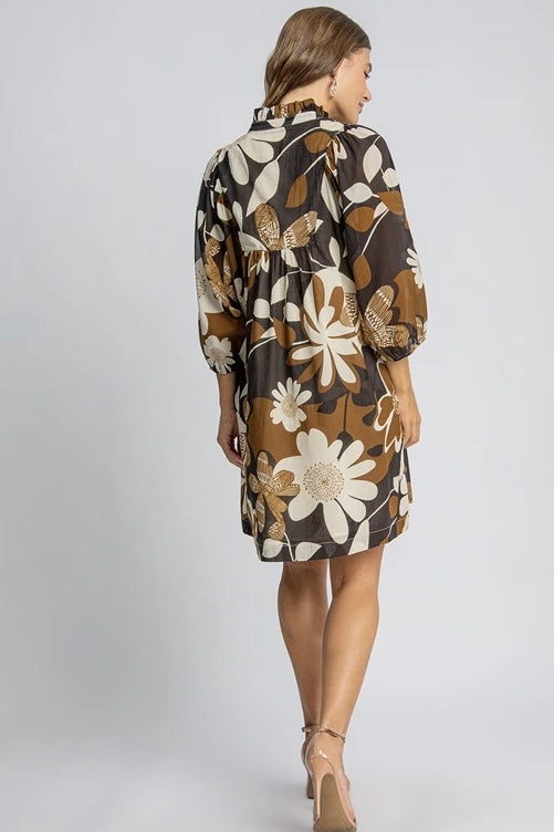 Umgee Camel Floral Dress with Split High Neck and 3/4 Sleeves