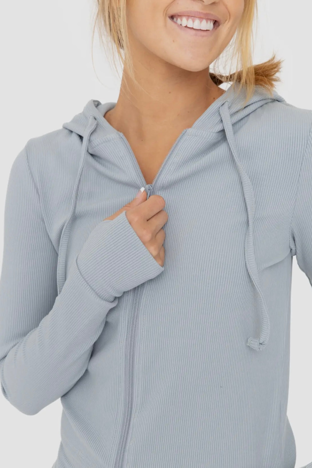 Smoky Blue Cropped Fitted Long Sleeve Hoodie Jacket with Thumbholes