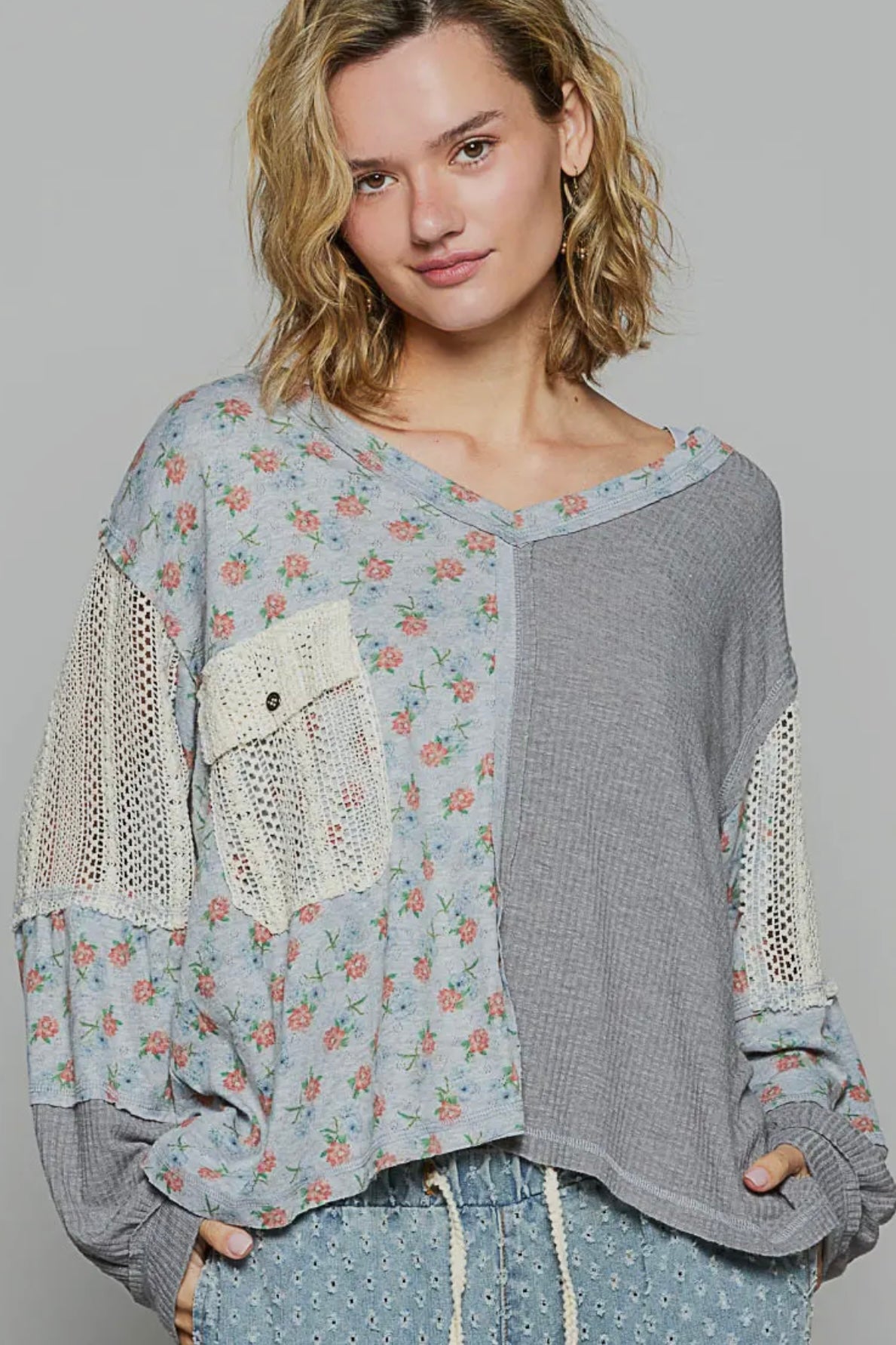 Gray Patchwork Crochet Accent Light Weight Long Sleeve Top by POL