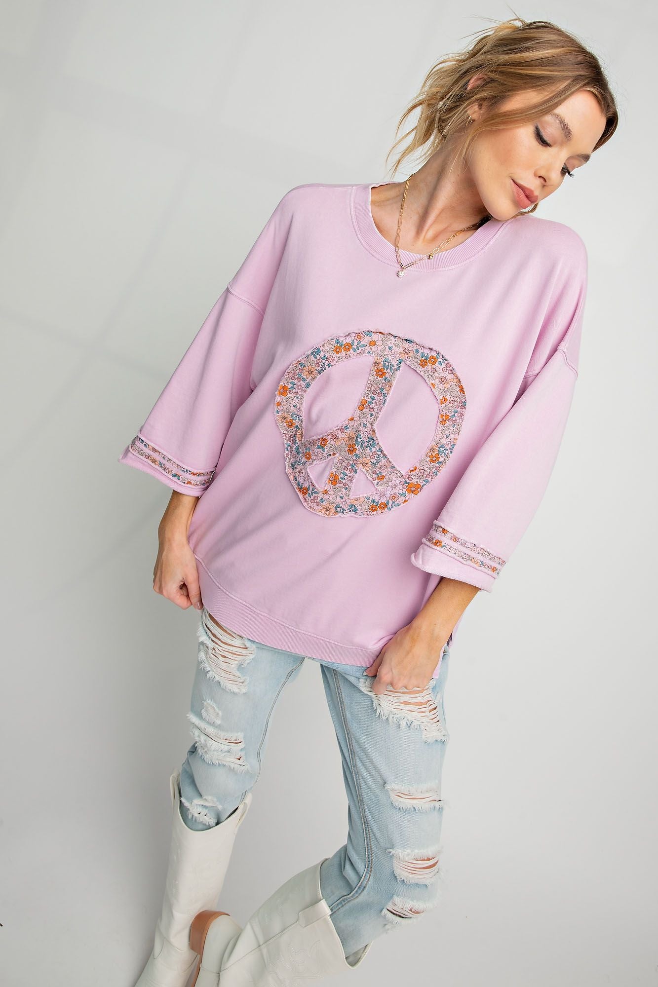 Easel Cotton Candy Pink Peace Sign Patch Applique Top