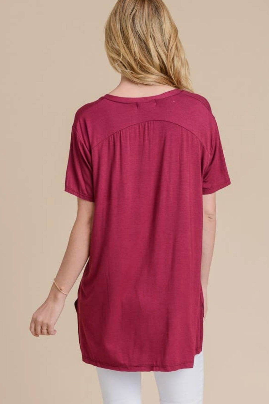 Crimson Short Sleeved Oversized V Neck Top with Hi Low Hem