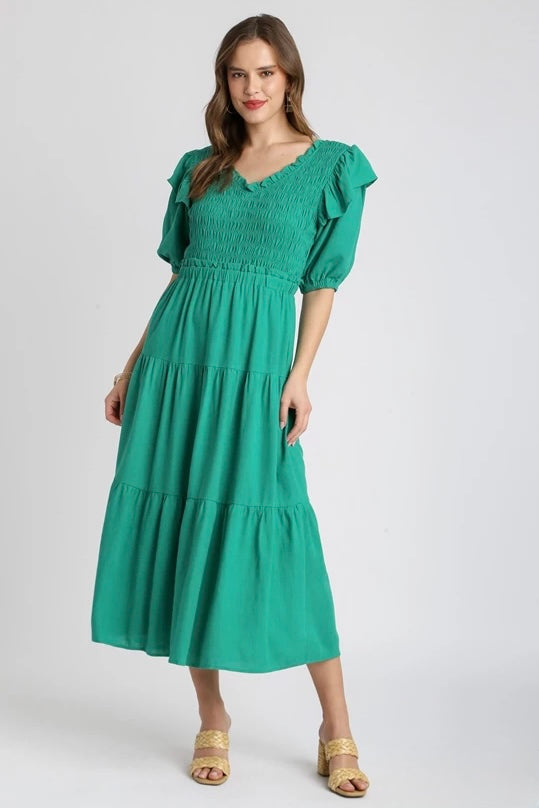 $22 SALE! Umgee Emerald Green Tiered Smocked Midi Dress