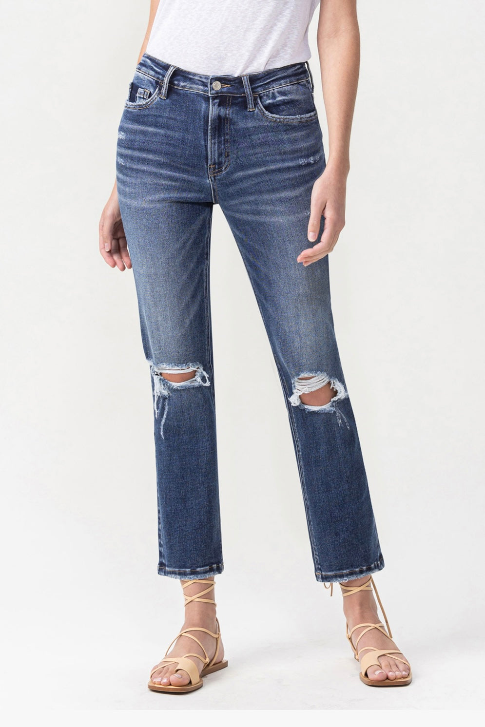 Vintage High Rise Stretch Crop Straight Jean with Distressed Knees LV1030