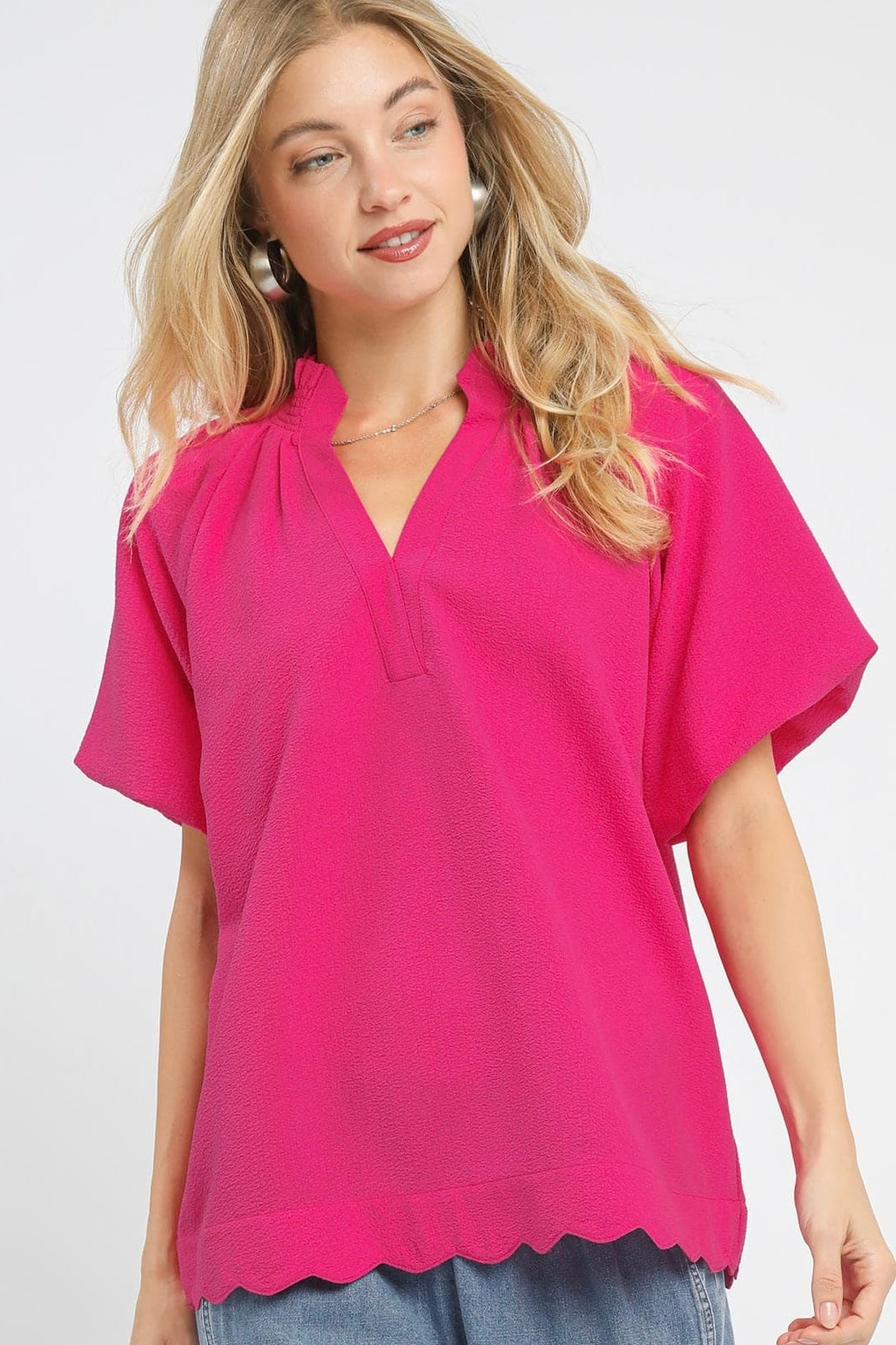 Umgee Fuchsia Scalloped Hem Top