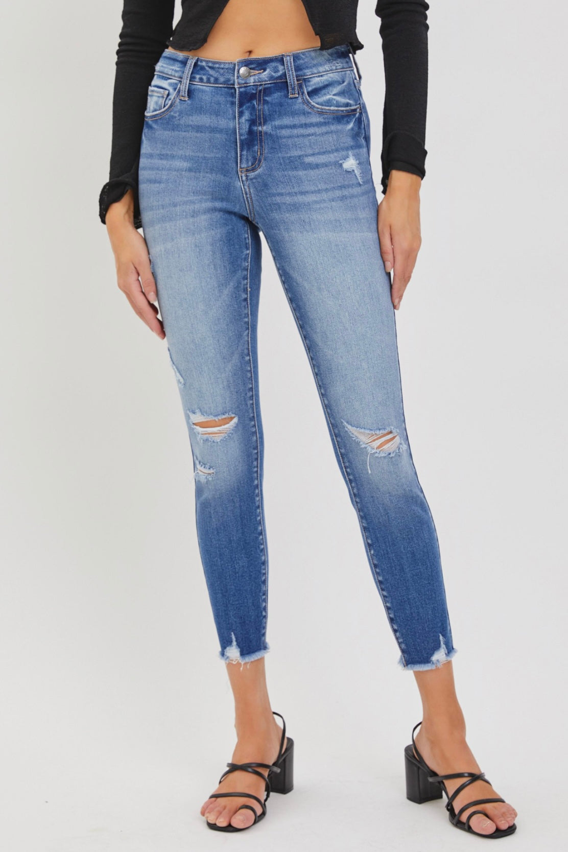 Cello Mid Rise Distressed Crop Skinny Jeans in Light Denim