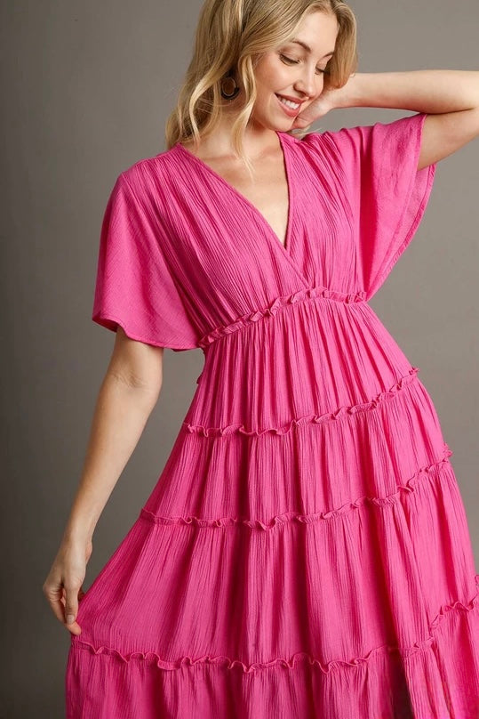 Umgee Hot Pink Tiered Midi Dress