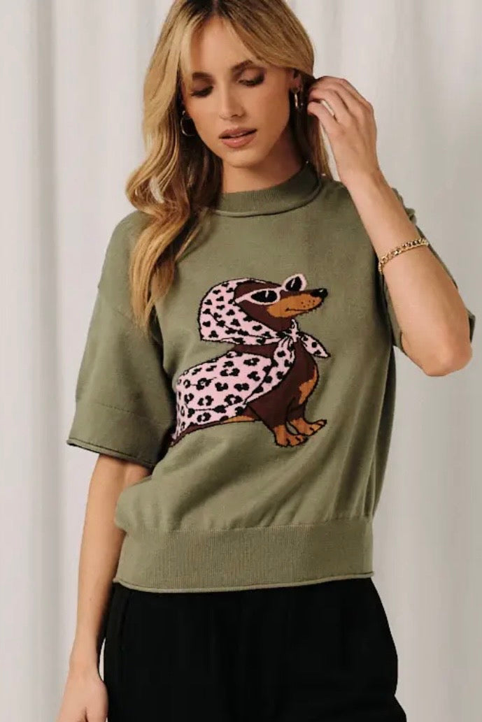 Olive Green Glam Dachshund Short Sleeve Sweater