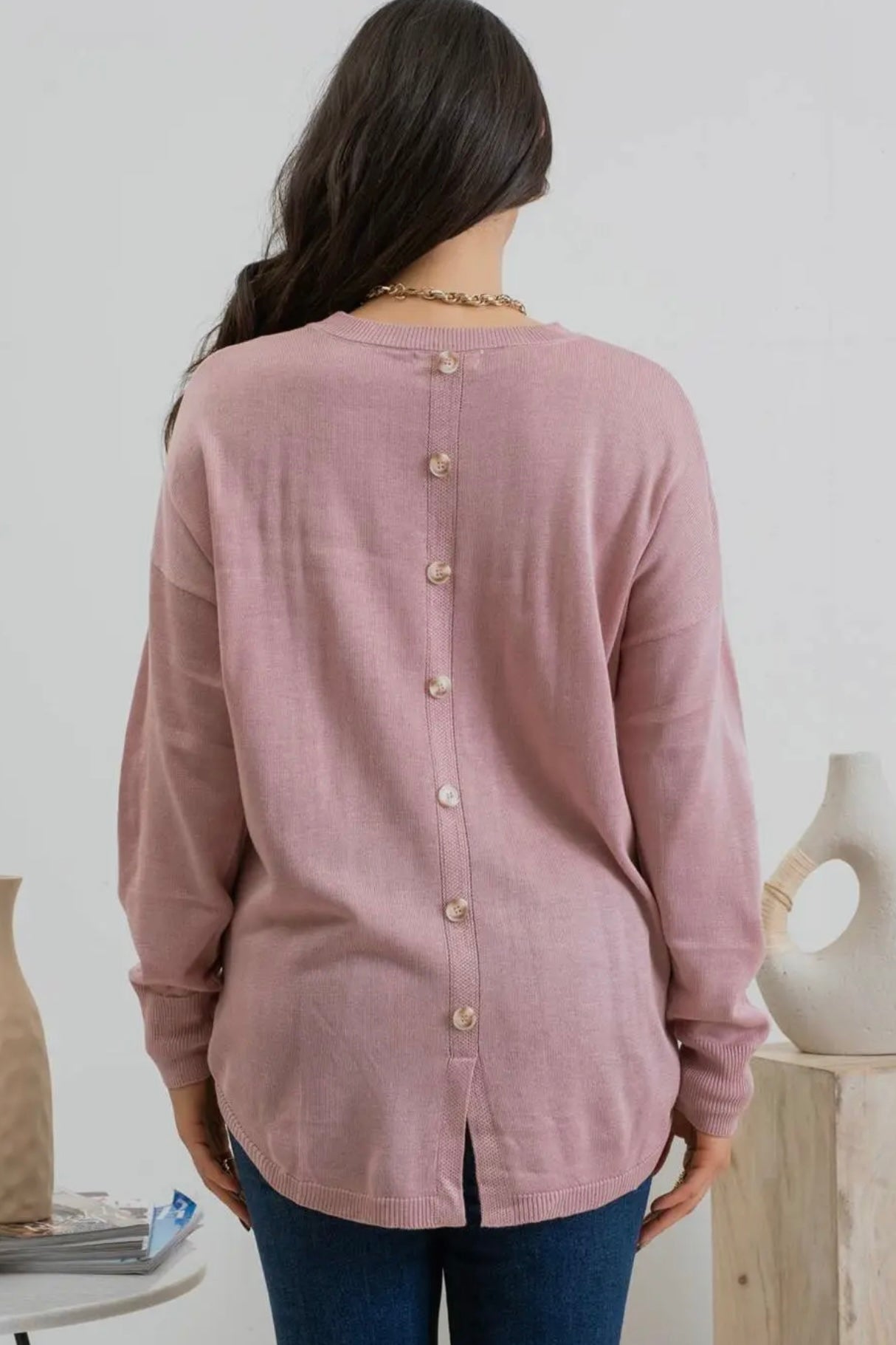 Round Neck Long Sleeve Button Back Sweater with High Low Hem