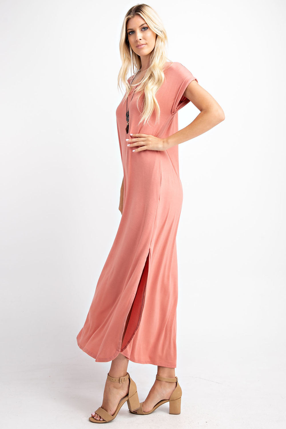 SALE! $20 Salmon Pink V Neck Maxi Dress with Pockets and Side Slits- reg. $32.99