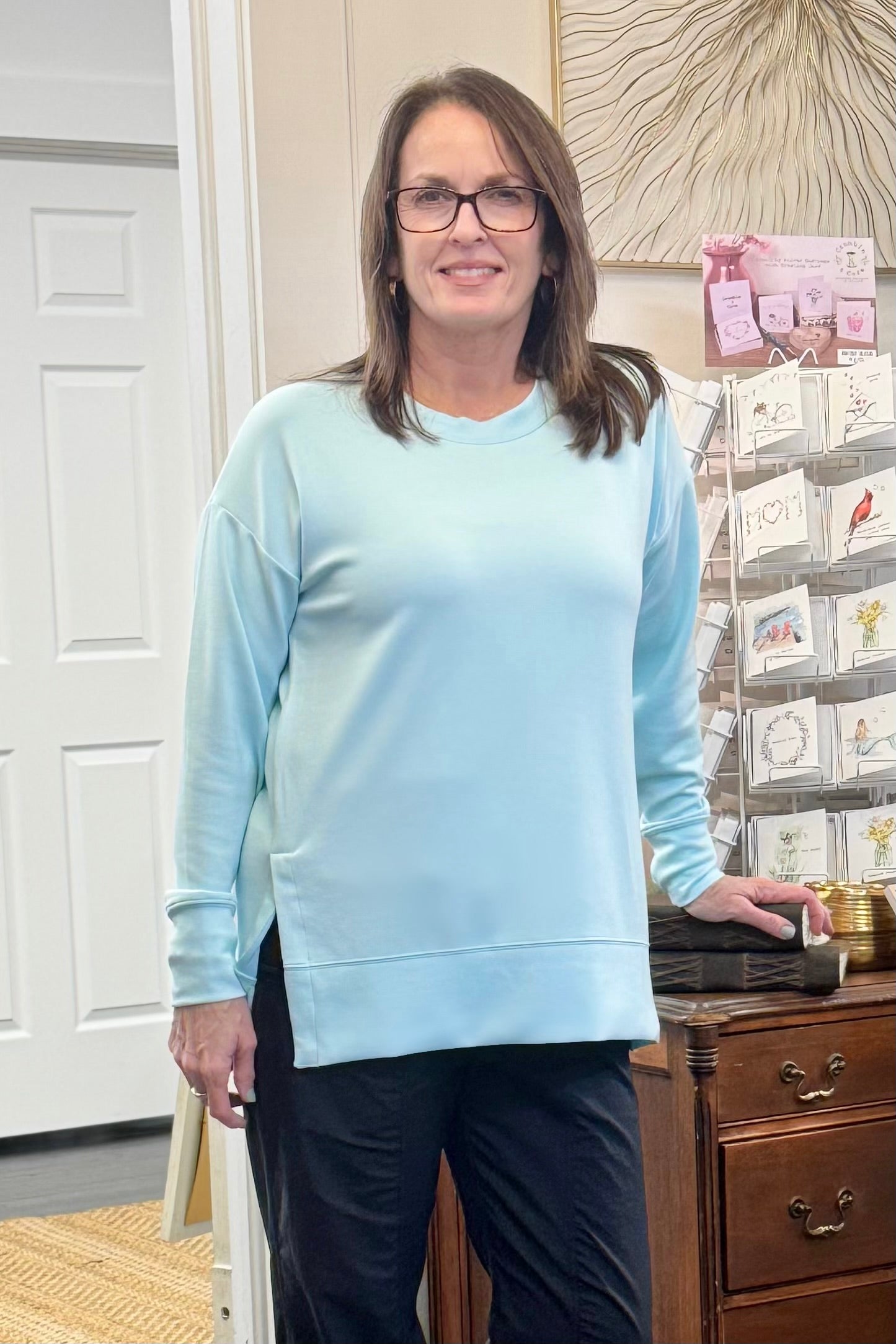 Aqua Buttery Soft High Low Stretch Modal Crewneck Top