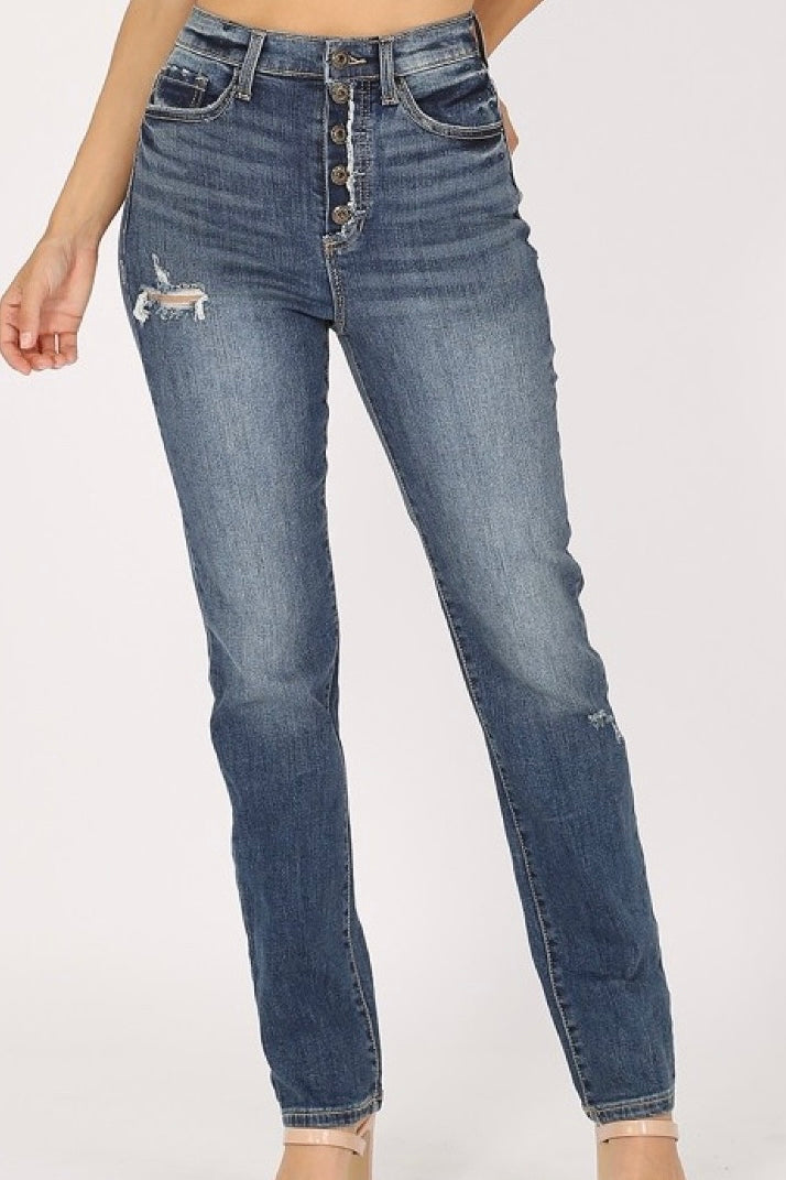 Sneak Peek Button Fly High Rise Stretch Flare Distressed Straight Leg Jeans