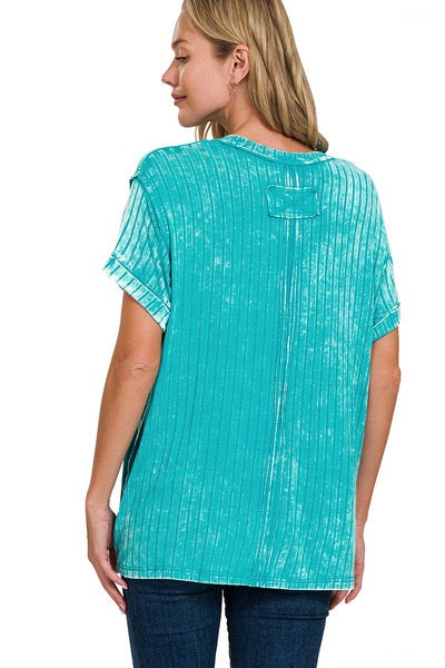 Light Teal Ribbed Mineral Washed Stretchy Short Sleeved Top