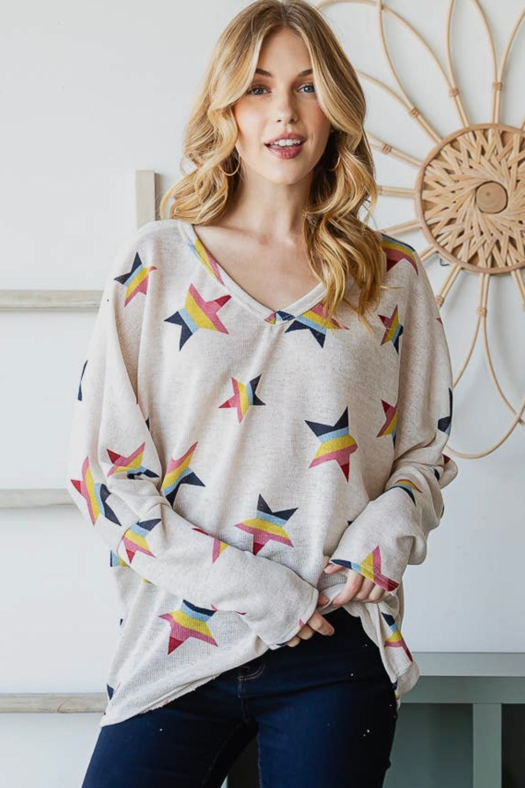 Rainbow Star V Neck Top in Off White