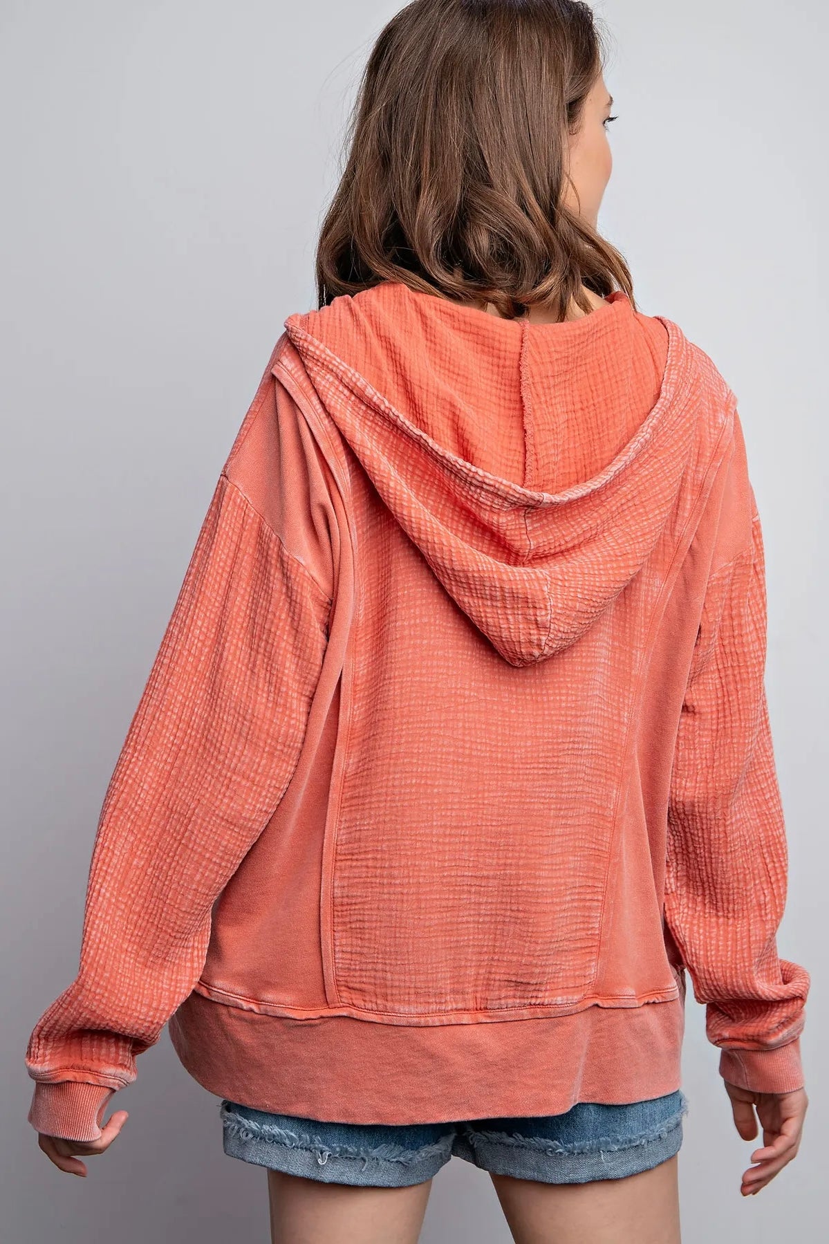 Easel Brick Mineral Washed Long Sleeve Pullover with Pockets