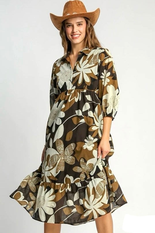 Umgee Camel Floral Tiered Midi Dress with Collared Neck and 3/4 Sleeves