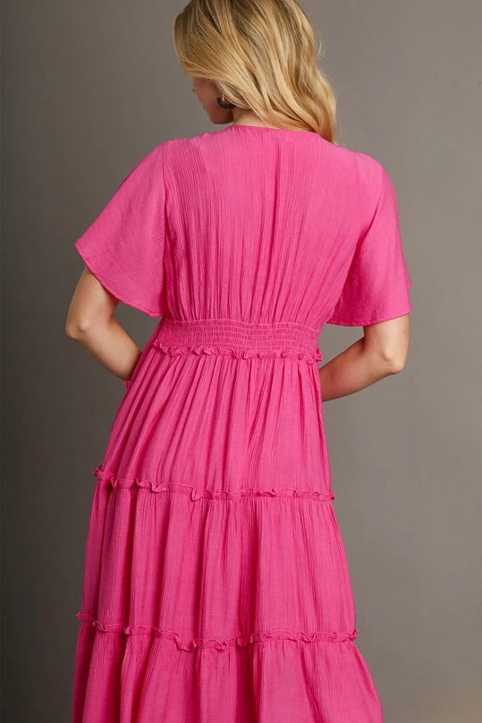 Umgee Hot Pink Tiered Midi Dress