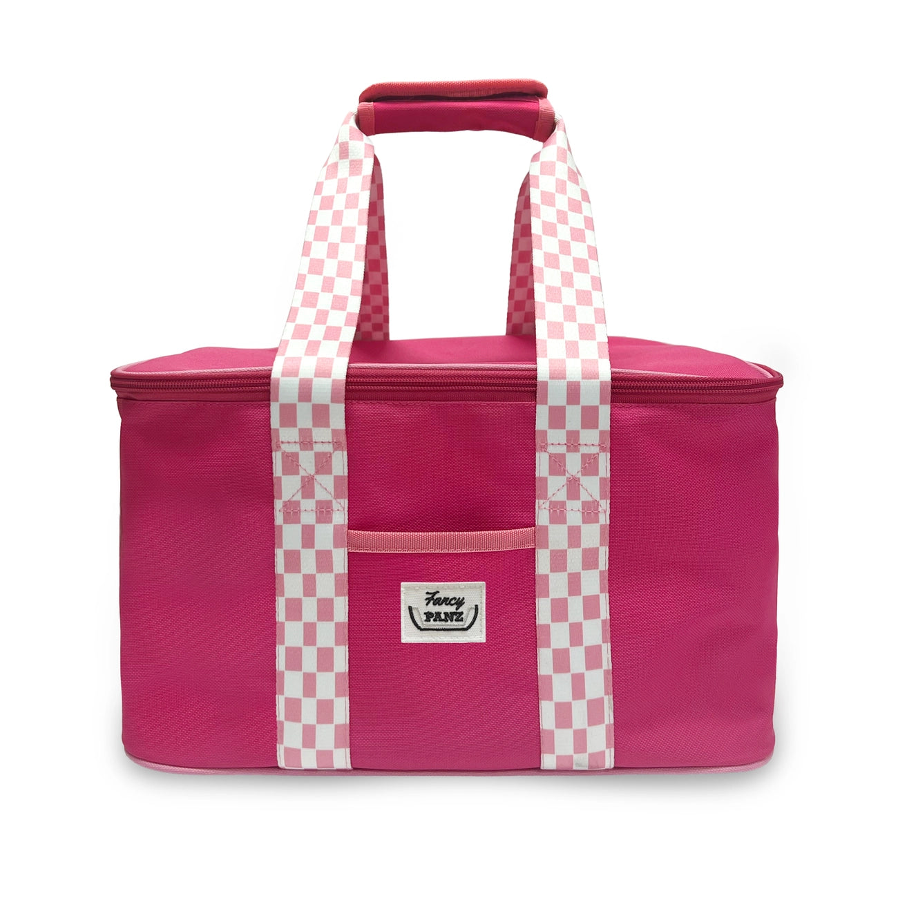 Pink cooler bag with checkered straps on a white background