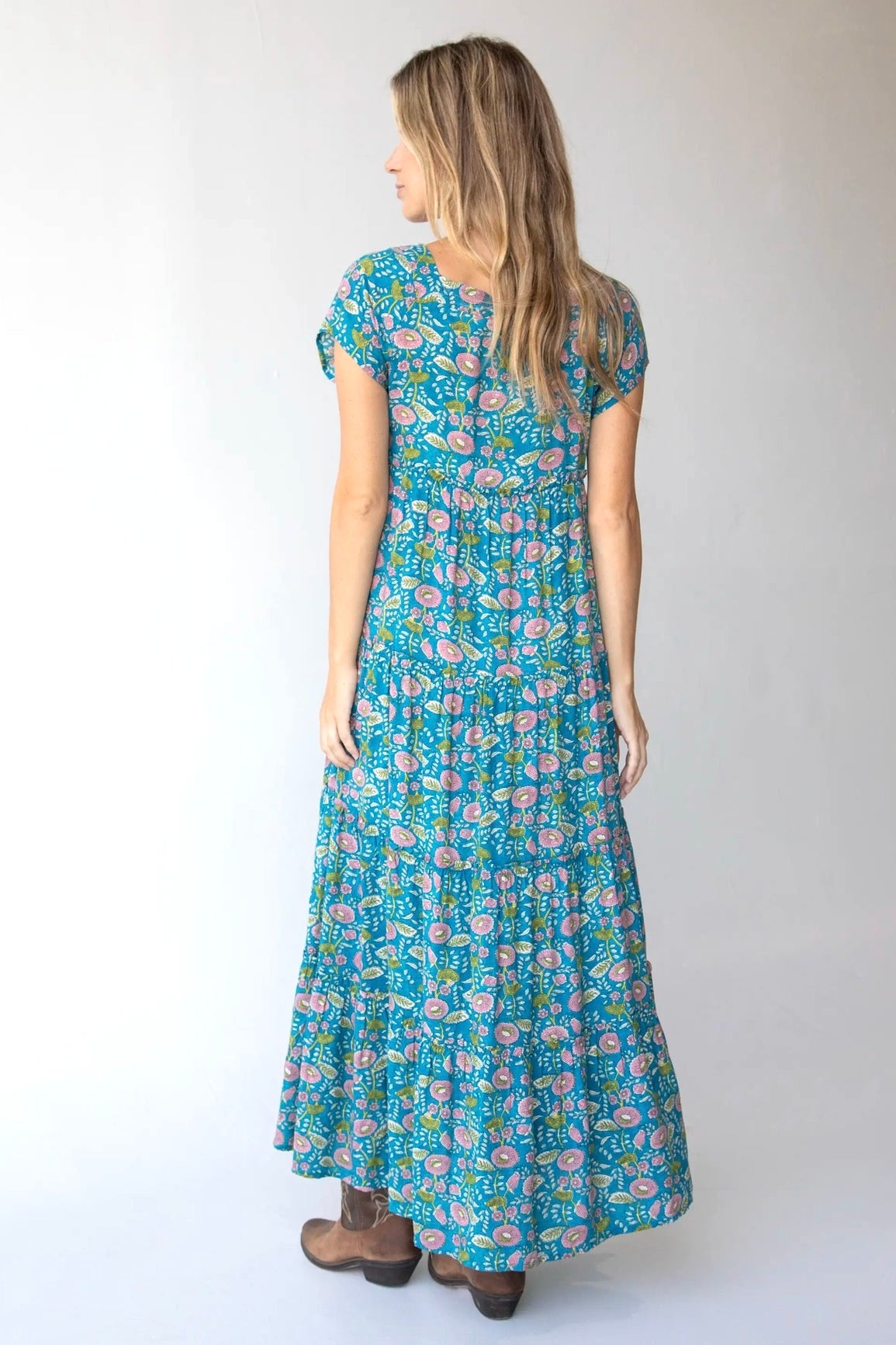 Natural Life Berkley Maxi Dress in Blue Pink Floral Vines