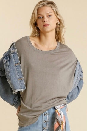 Short Sheer Dolman Sleeve Scoop Neck Oversized Top in Gray