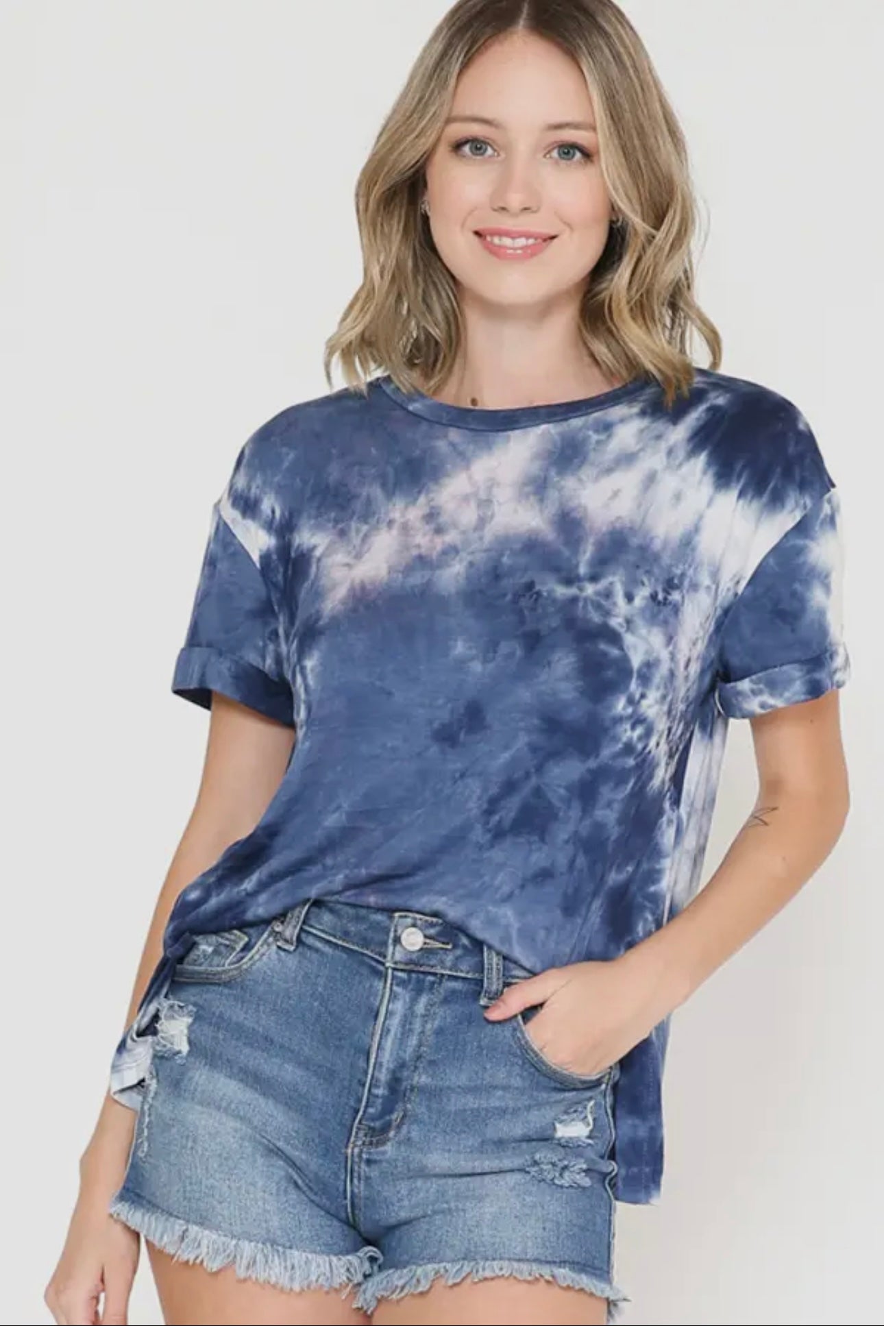 Super Soft Navy and White Tie Dye Tee with Short Cuffed Sleeves