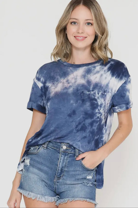 SALE! $15 Super Soft Navy and White Tie Dye Tee with Short Cuffed Sleeves- reg. $26.99